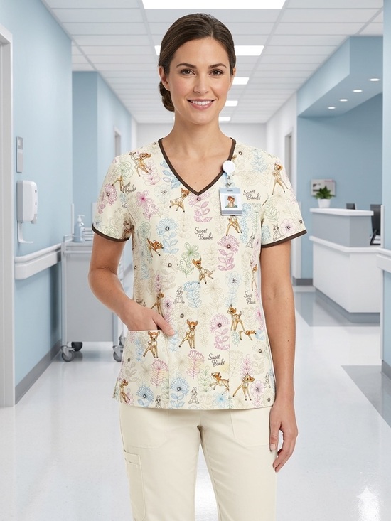 Disney Other - Disney "Sweet Bambi" Scrub Top Women's Large Cream Floral V-Neck Medical